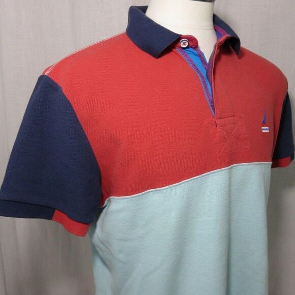 Nautica Red Navy Blue Aqua Color Block Polo Shirt L - Picture 3 of 11